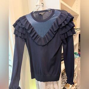Ted Baker Navy Ruffled Long Sleeve Top with silk feature at top of sweater